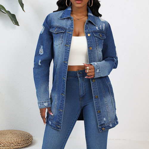 Mid-length Spring Autumn Long sleeved denim jacket women外套