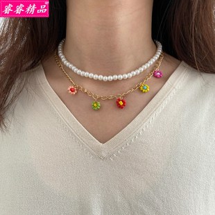 Pearl Flower Multilayer Pendant Necklace颈链 choker Bohemian