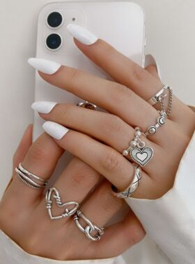 复古几何链条爱心戒指女套装组合