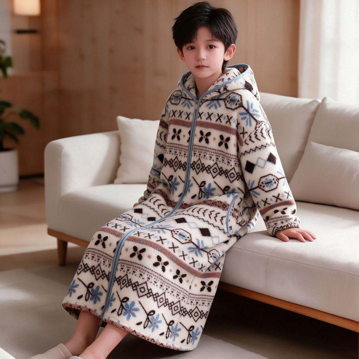 费尔岛珊瑚绒睡袍拉链连帽长款保暖家居服睡衣加厚加绒冬季儿童装