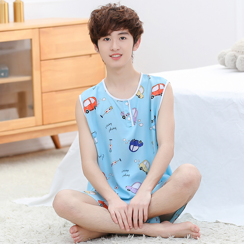 夏季青少年棉绸睡衣男孩背心短裤无袖绵绸薄款大童男童学生家居服
