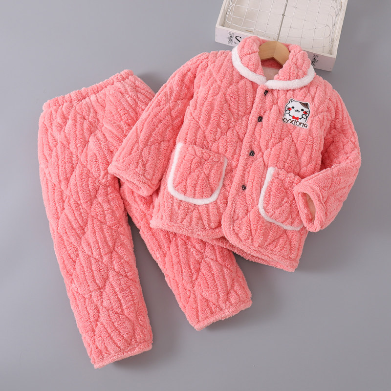 儿童睡衣男童冬季款加厚珊瑚绒三层夹棉中大童男孩家居服2024新款