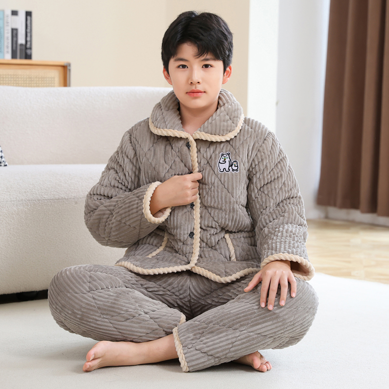 冬季青少年大童夹棉珊瑚绒睡衣三层法兰绒家居服男孩套装男童加厚