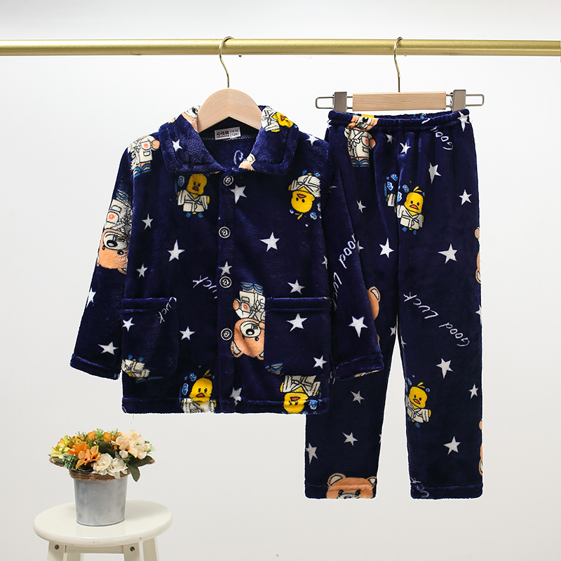秋冬季儿童睡衣加厚款珊瑚绒男童女童男孩大童宝宝法兰绒保暖套装