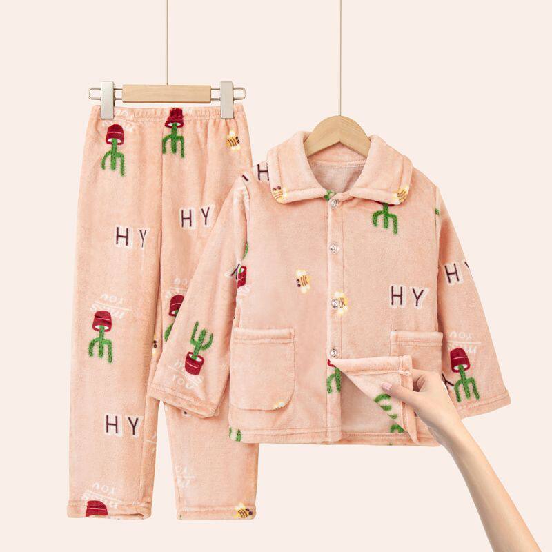 儿童防风翻领开衫法兰绒睡衣居家服可爱卡通加绒加厚早冬秋冬季