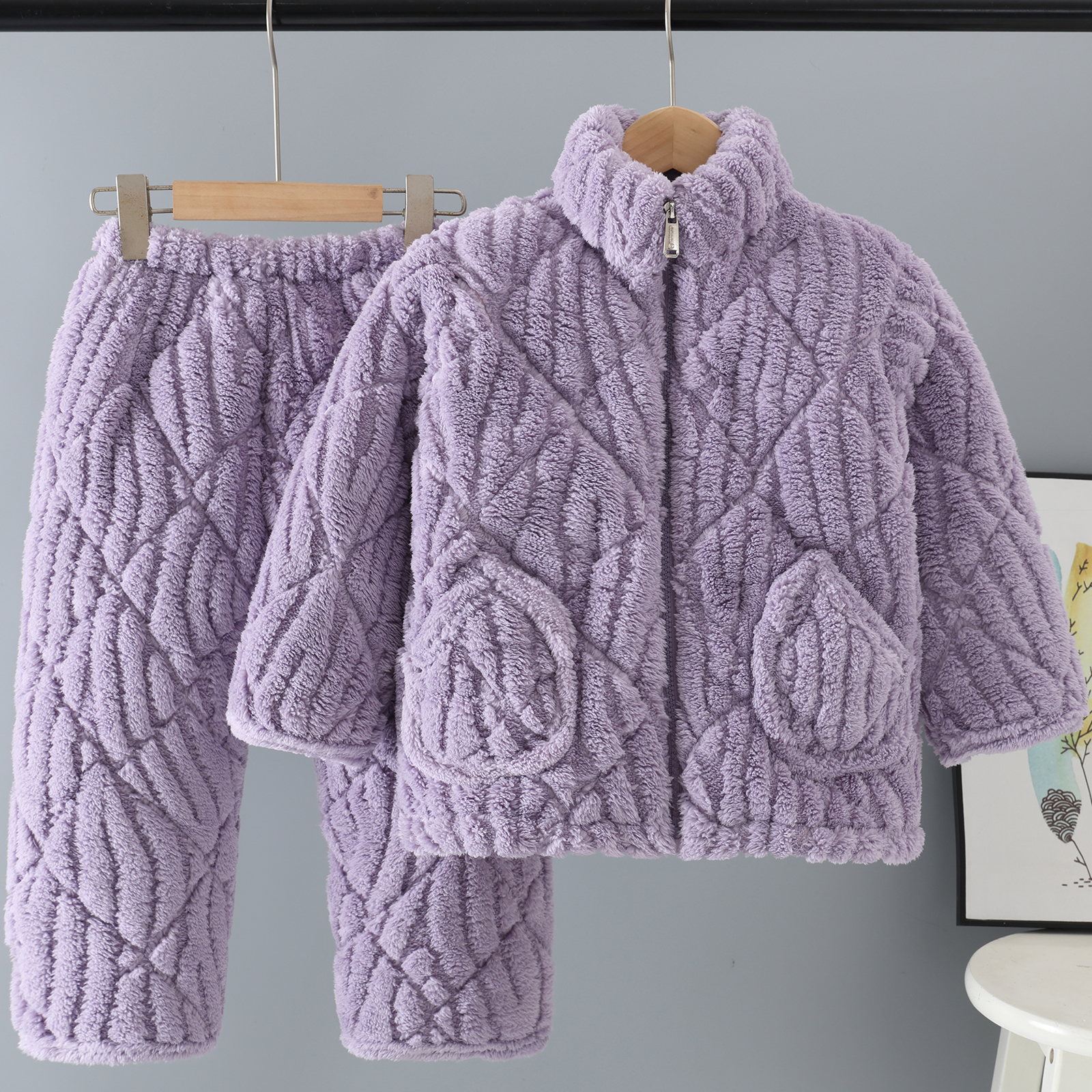 冬季法兰绒棉袄儿童睡衣加绒超厚小中大童男女宝宝家居服拉链套装