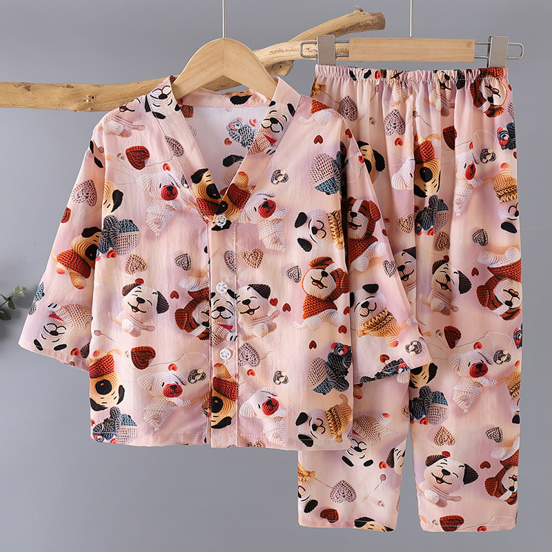 儿童棉绸睡衣夏季九分袖薄款宝宝男孩绵绸套装男童女童空调家居服