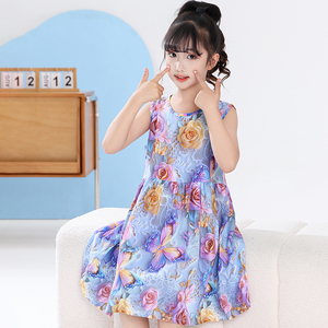 儿童睡裙绵绸女童夏季棉绸睡衣薄款公主连衣裙莱赛尔沙滩裙家居服