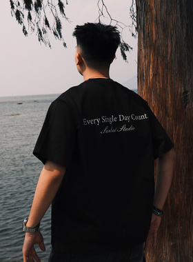 SANBAI 叁佰【每天重要】黑色印花T恤男士夏季宽松美式高级短袖