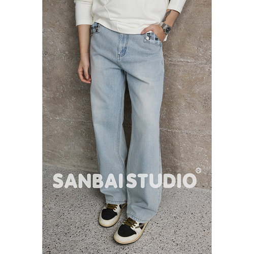 SANBAI叁佰格纹水洗牛仔裤
