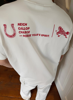 SANBAI叁佰【驰骋】美式新款马年印花短袖男士索罗娜高级T恤240g