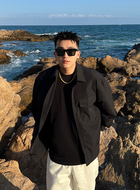 SANBAI 叁佰黑色休闲工装衬衫男士秋季复古高级长袖衬衣宽松外套