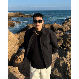 叁佰黑色休闲工装 复古高级长袖 衬衫 秋季 衬衣宽松外套 男士 SANBAI