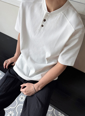 SANBAI 叁佰【华夫格短袖】夏季宽松亨利领短袖男T01透气T恤210克