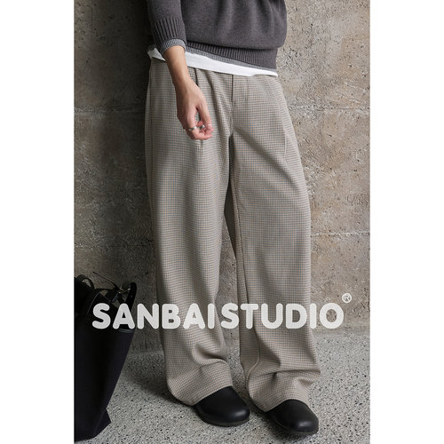 SANBAI叁佰千鸟格打褶长裤