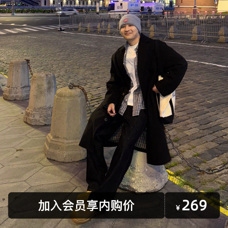 SANBAI叁佰黑色毛呢大衣