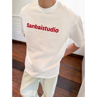 美式 白色T恤男 叁佰夏季 潮男士 圆领纯棉半袖 街头印花短袖 SANBAI