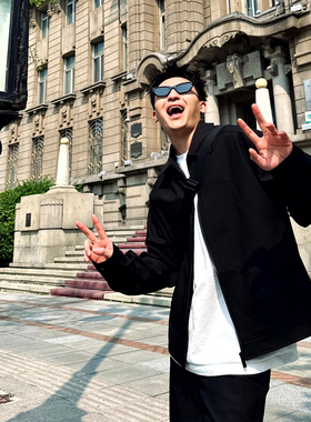 SANBAI 叁佰黑色套装夹克男士2025春季新款休闲拉链翻领上衣外套