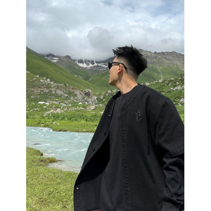 SANBAI 叁佰定制刺绣logo牛仔夹克男秋季新款新中式黑色水洗外套