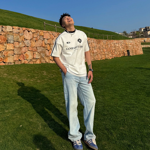 SANBAI叁佰【绿松石蓝牛】夏季薄款牛仔裤男直筒宽松休闲水洗长裤