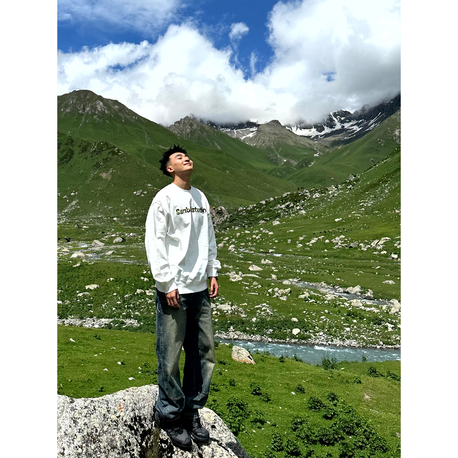 SANBAI复古水洗伐木牛仔长裤