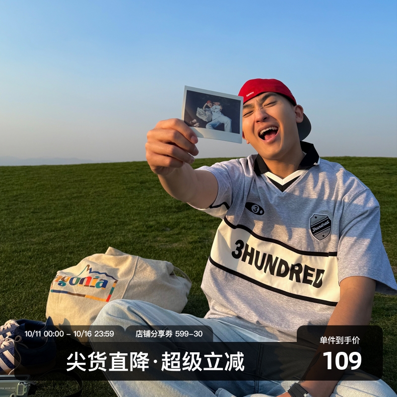 SANBAI叁佰灰色拼接球衣POLO衫