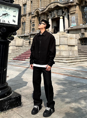 SANBAI 叁佰黑色套装伐木裤百搭宽松直筒长裤男秋季新款休闲裤子