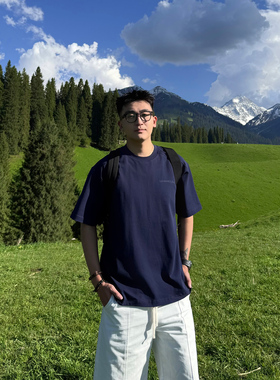 SANBAI 叁佰【巨显白】印花t恤男士夏季纯棉重磅基础休闲宽松短袖