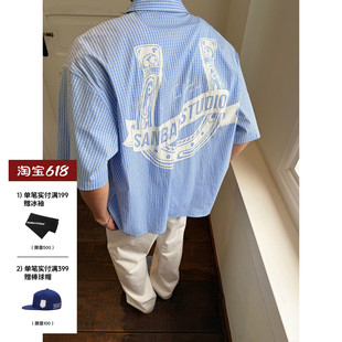 SANBAI 叁佰【策马格】夏季休闲蓝白格纹短袖衬衫男宽松印花上衣