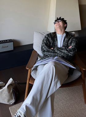 SANBAI 叁佰【云杉】绿色格纹连帽衬衫男士秋季休闲复古宽松长袖