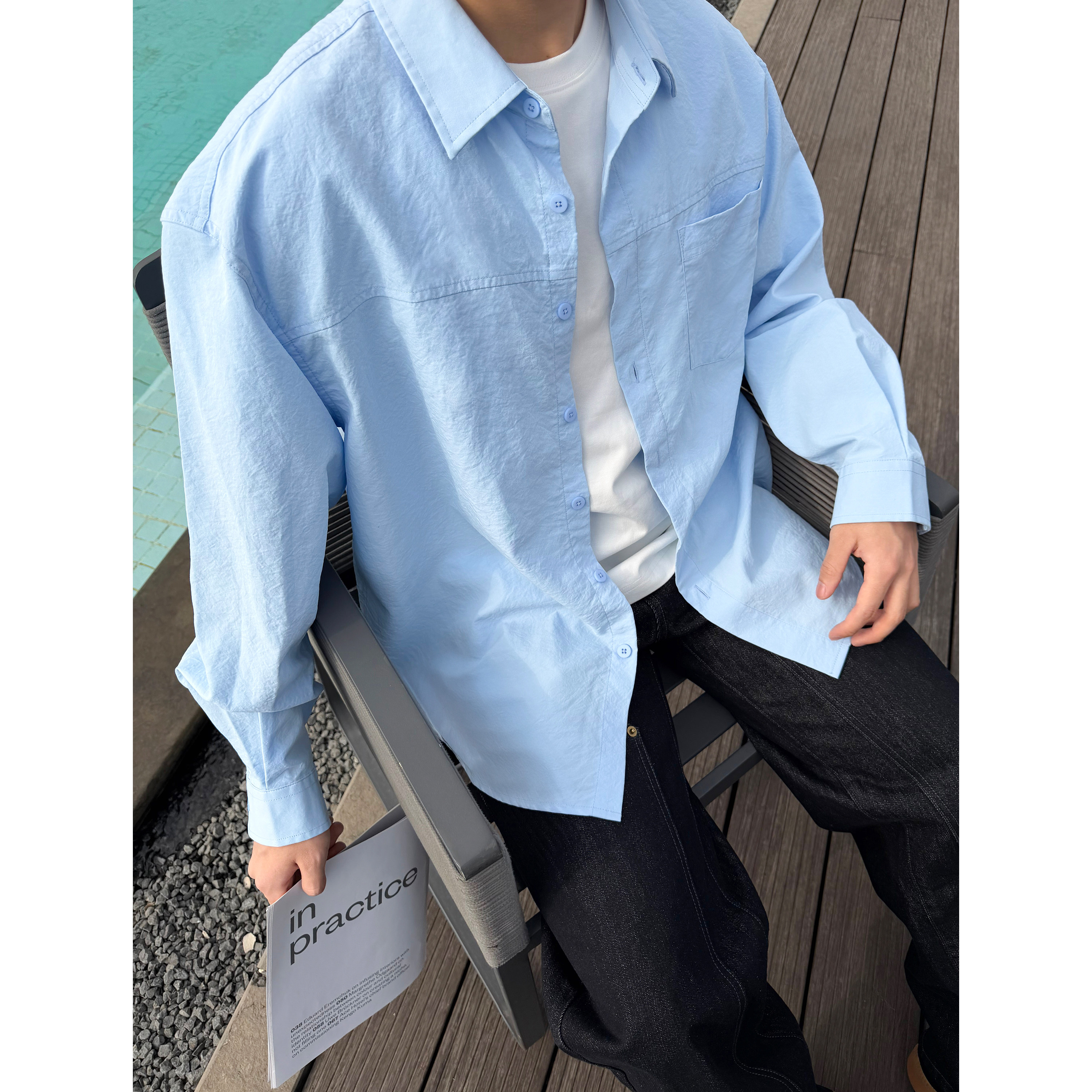 SANBAI叁佰【简构衬衫】新款高级休闲长袖男宽松纯色贴袋分割衬衣