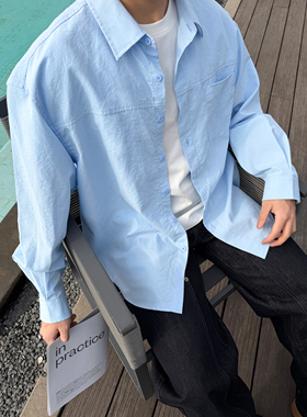 SANBAI叁佰【简构衬衫】新款高级休闲长袖男宽松纯色贴袋分割衬衣