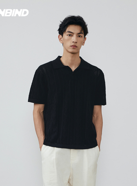 3UNBIND黑色肌理感针织老钱POLO衫男夏季纯棉翻领简约透气短袖