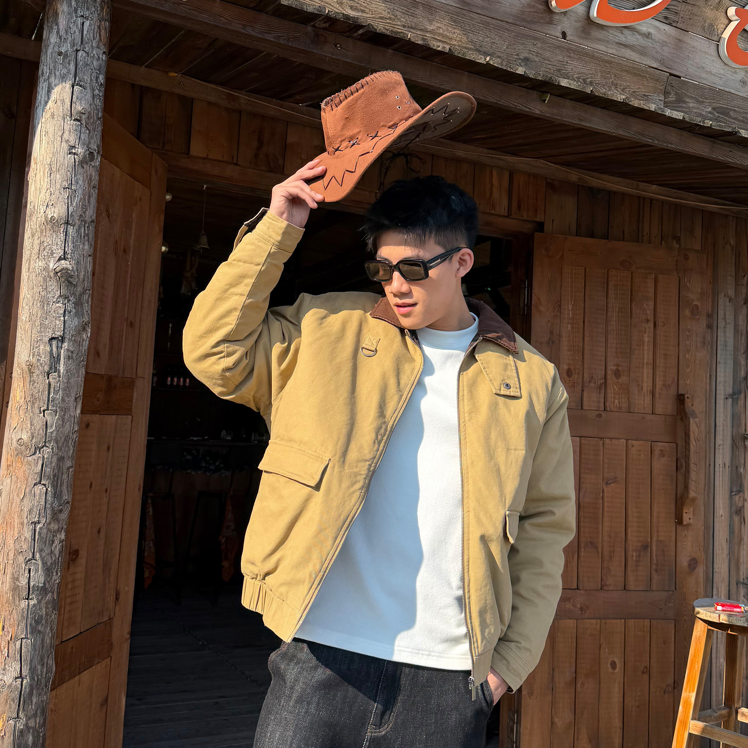 SANBAI帆布夹克拼接复古棉服