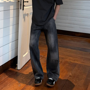 子男微阔腿直筒长裤 宽松水洗做旧裤 微阔泼墨牛仔裤 SANBAI叁佰