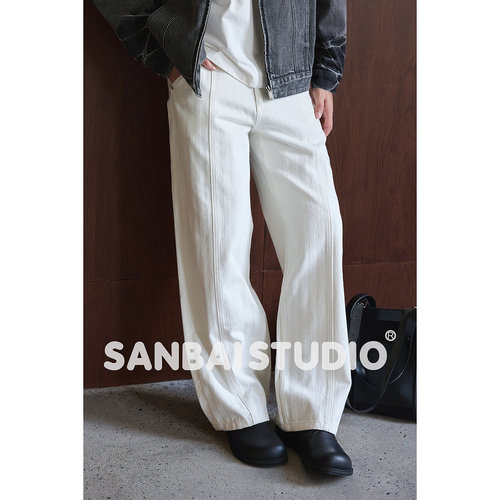 SANBAI叁佰暗纹白牛长裤