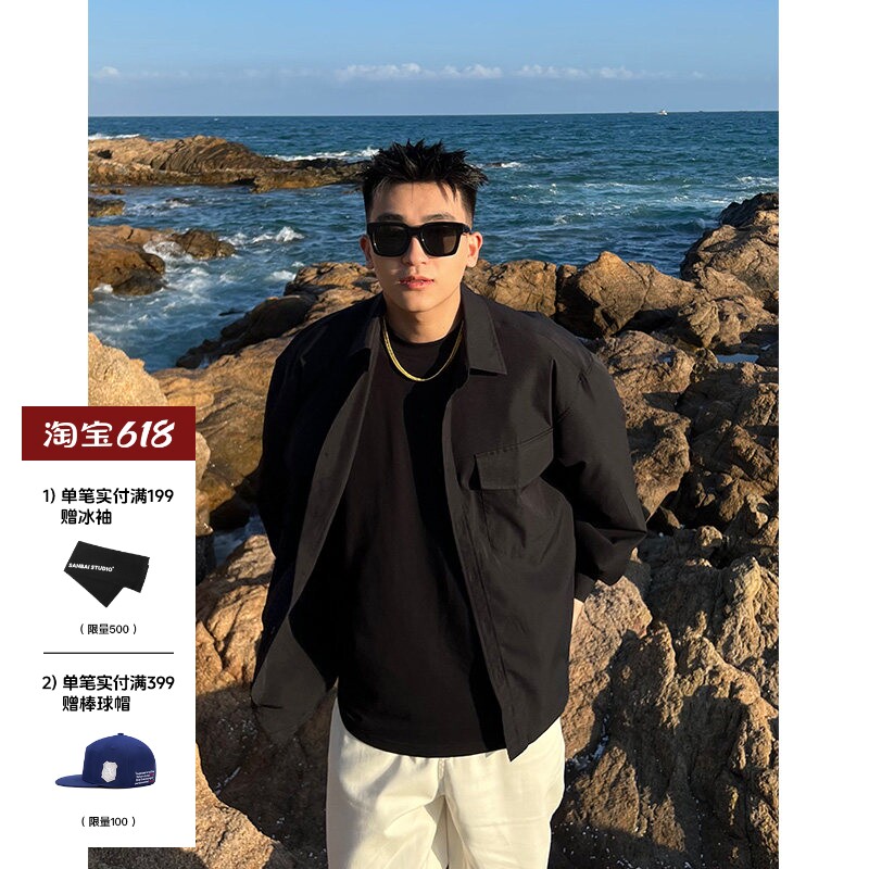 SANBAI 叁佰黑色休闲工装衬衫男士春季复古高级长袖衬衣宽松外套
