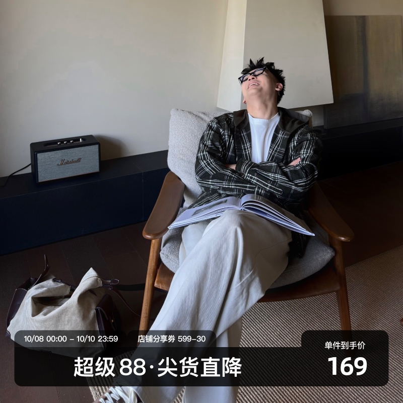SANBAI叁佰绿色连帽格纹