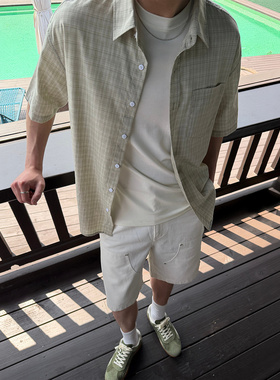 SANBAI 叁佰【绿白格】夏季新款绿色短袖衬衫男士休闲格纹开衫