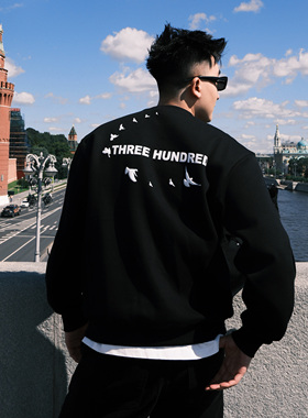 SANBAI叁佰【白鸽宣言】黑色美式发泡印花卫衣男秋季新款休闲上衣