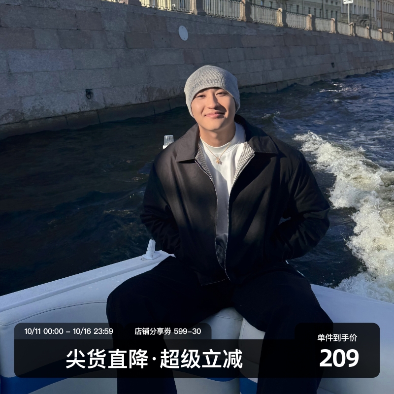 SANBAI黑色千鸟格翻领夹克外套
