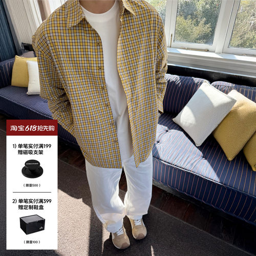 SANBAI叁佰柠檬黄格子长袖衬衫