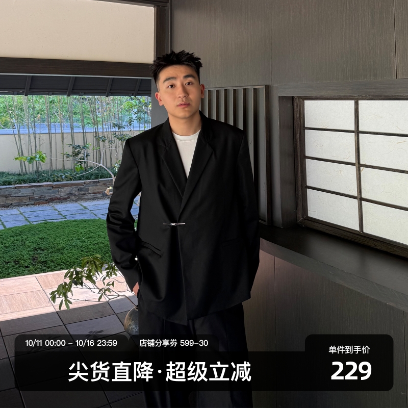 SANBAI黑色一字扣西服