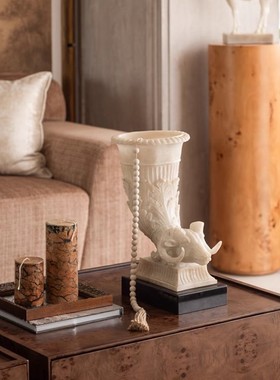 中古风羊角花器牛骨刷客厅摆件