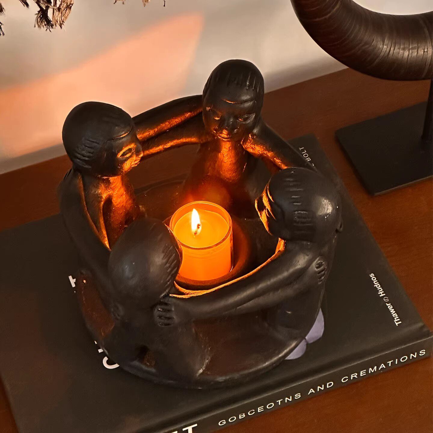 中古创意围光烛台印度进口牛骨相框编织花瓶天然玉石化石展示盘