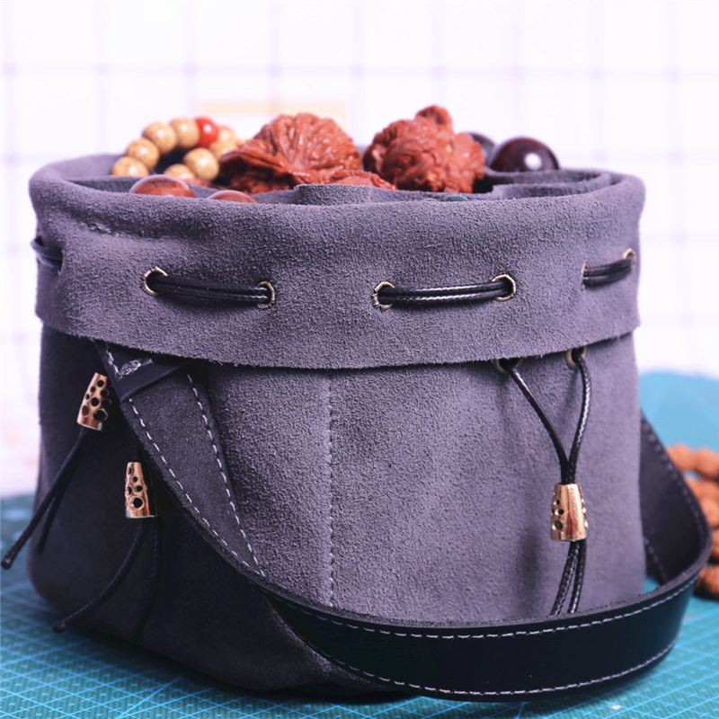 手提文玩袋灰色提绳牛皮包收纳袋手串手镯核桃星月菩提橄榄核雕袋