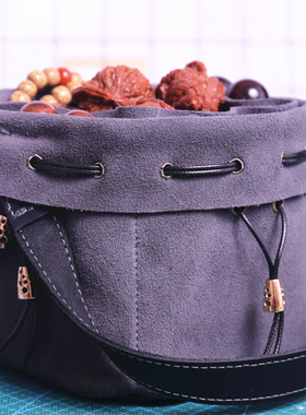 手提文玩袋灰色提绳牛皮包收纳袋手串手镯核桃星月菩提橄榄核雕袋