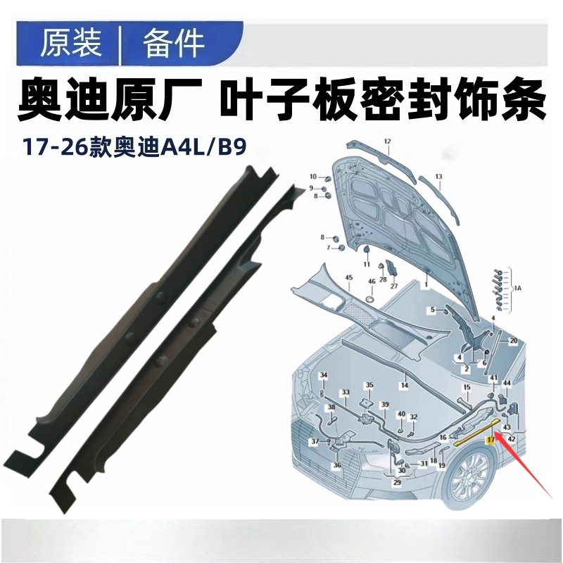 17-26款奥迪A4LB9前机盖饰板机舱小盖板叶子板上护板密封饰条原厂图片
