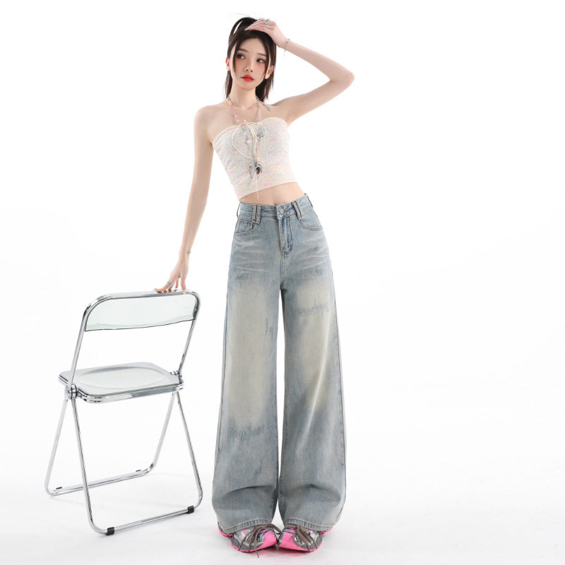 2026复古浅蓝色牛仔裤女夏季2026新款水洗细闪烫金粉天丝阔腿裤子