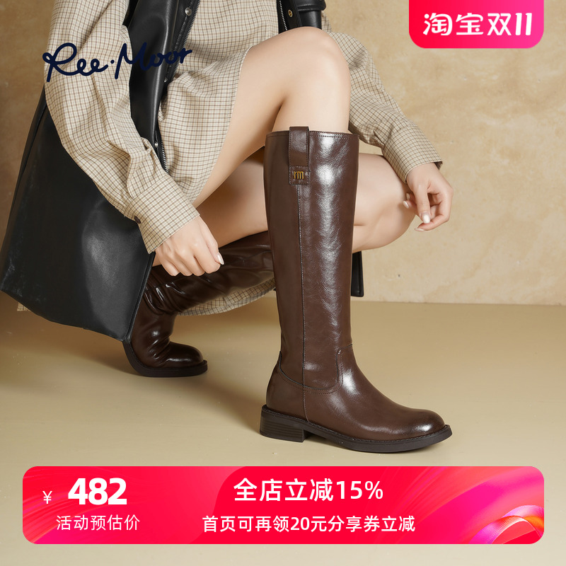 REEMOOR新款真皮复古圆头骑士靴